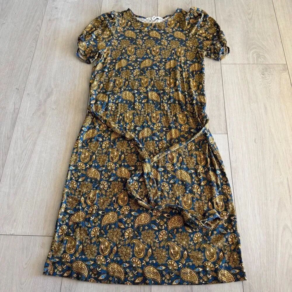 BODEN Knot Detail Jersey Dress size 6 L Long Harvest Gold Paisley Terrace